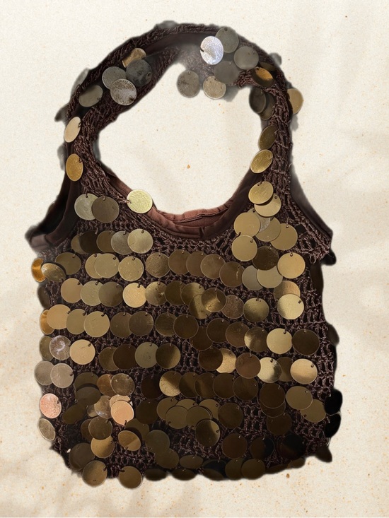 Bueno Handbags - Bueno Vintage Brown Crocheted Hobo Shoulder Bag With Large Bronze Sequins